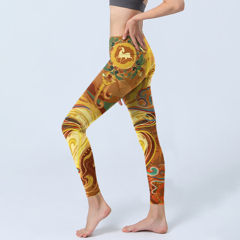 Nimara Ritual Golden Auspicious Cloud Waves Print Gym Leggings Women's Yoga Pants
