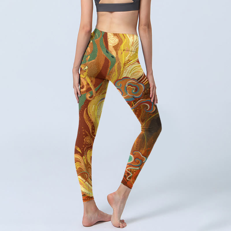 Nimara Ritual Golden Auspicious Cloud Waves Print Gym Leggings Women's Yoga Pants