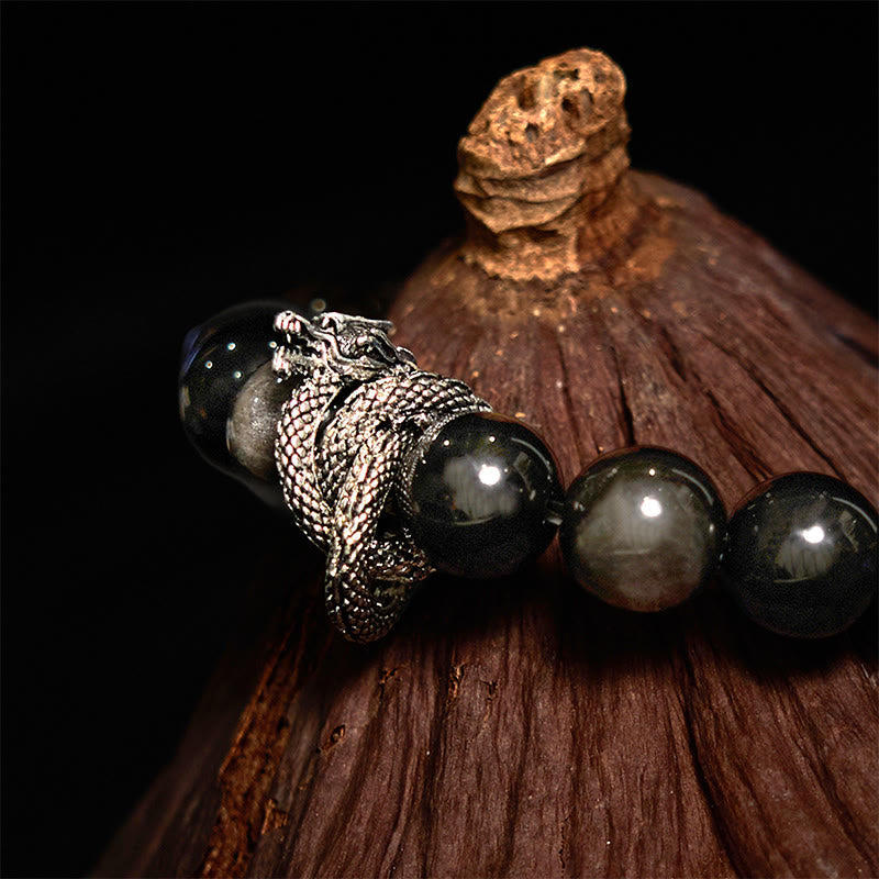Nimara Ritual Silver Sheen Obsidian Dragon Protection Bracelet