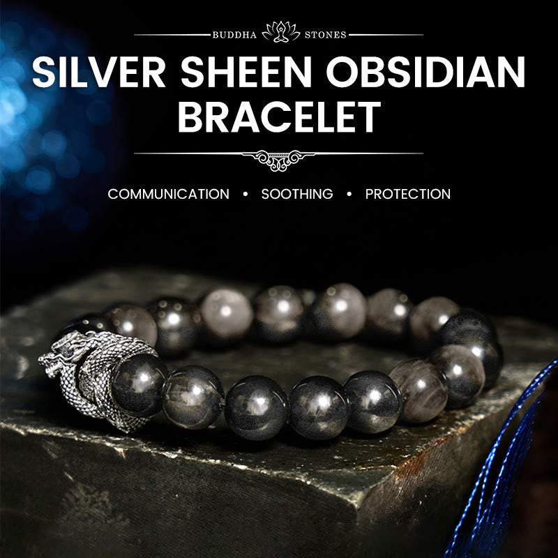 Nimara Ritual Silver Sheen Obsidian Dragon Protection Bracelet
