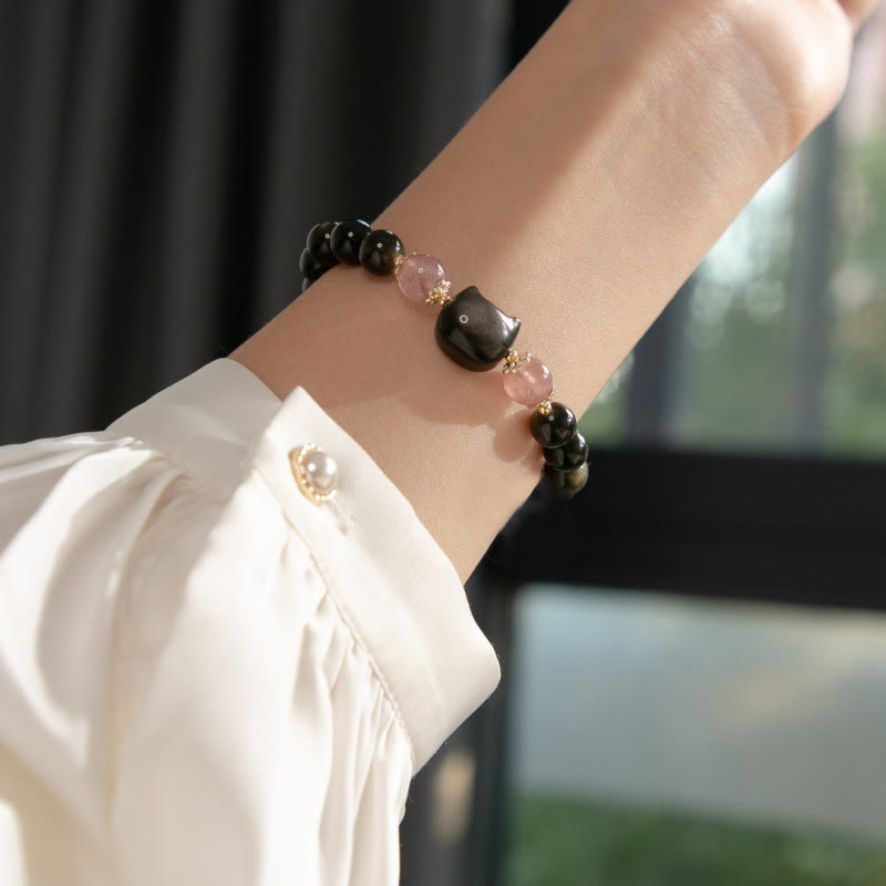 Nimara Ritual Black Obsidian Strawberry Quartz Beads Silver Sheen Obsidian Cat Head Strength Bracelet