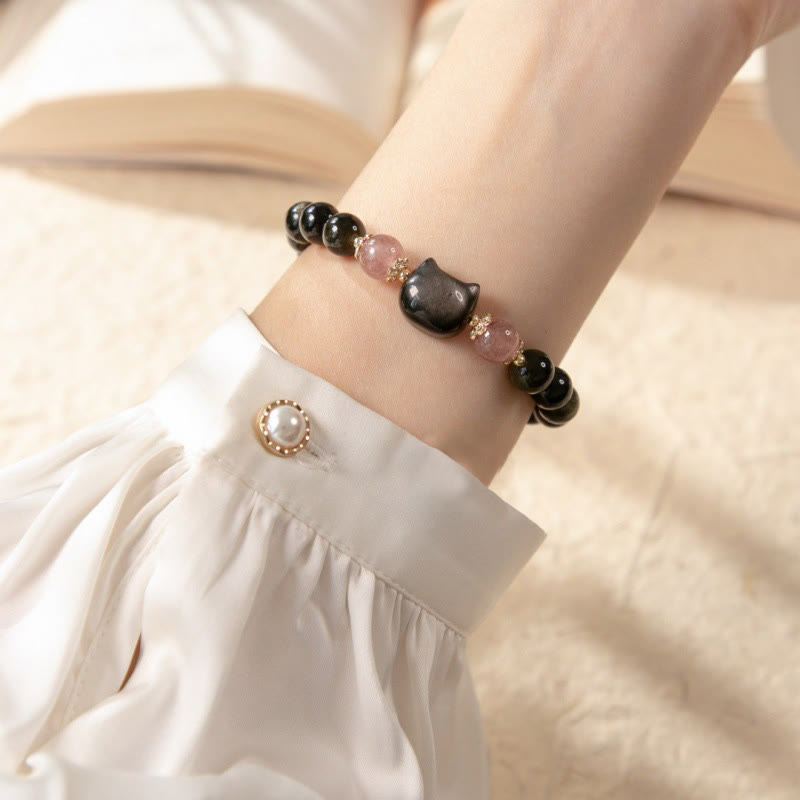 Nimara Ritual Black Obsidian Strawberry Quartz Beads Silver Sheen Obsidian Cat Head Strength Bracelet