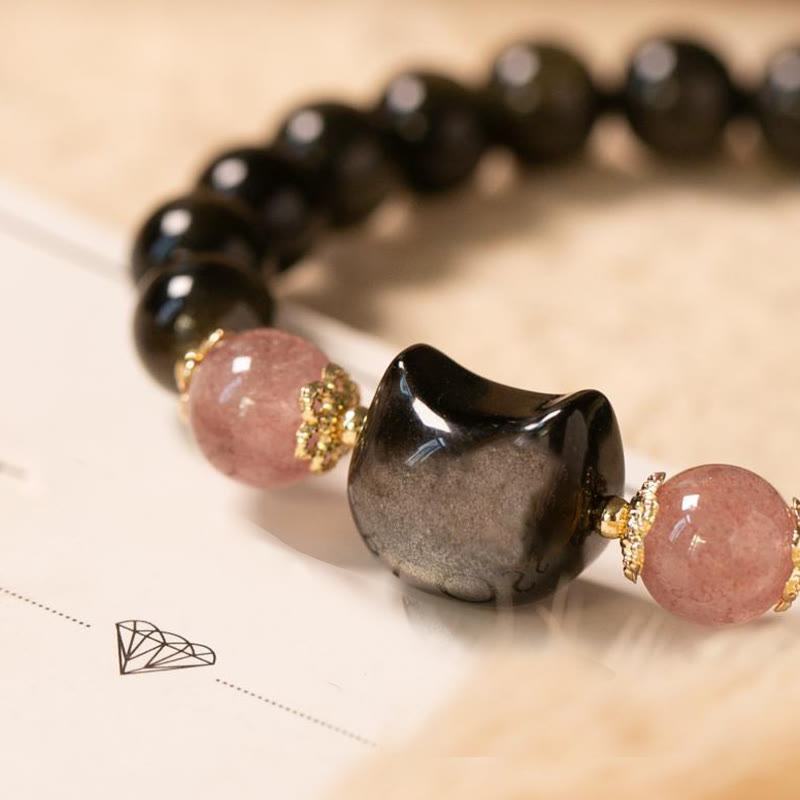 Nimara Ritual Black Obsidian Strawberry Quartz Beads Silver Sheen Obsidian Cat Head Strength Bracelet