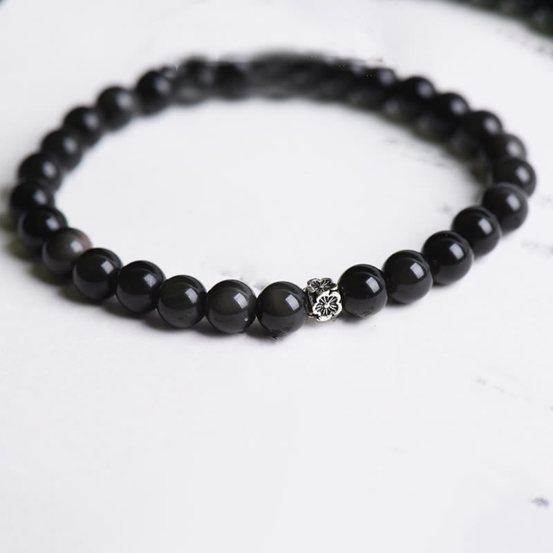 Nimara Ritual Black Obsidian Bead 925 Sterling Silver Flower Design Purification Bracelet
