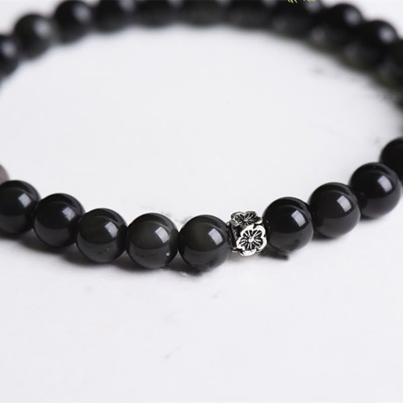 Nimara Ritual Black Obsidian Bead 925 Sterling Silver Flower Design Purification Bracelet