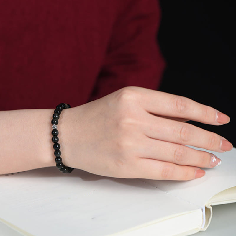 Nimara Ritual Black Obsidian Bead 925 Sterling Silver Flower Design Purification Bracelet