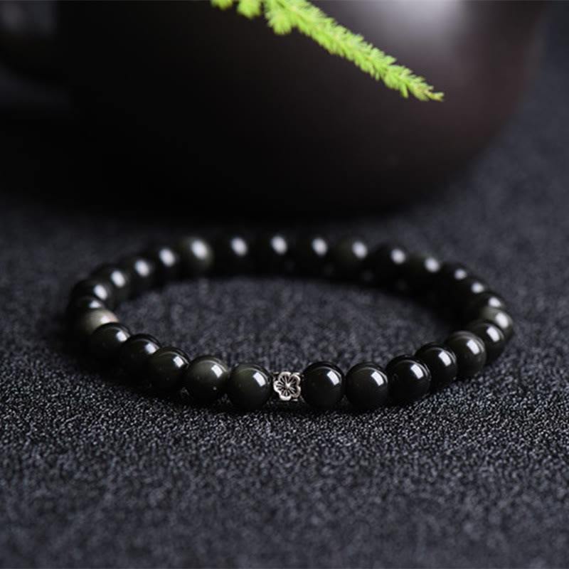 Nimara Ritual Black Obsidian Bead 925 Sterling Silver Flower Design Purification Bracelet