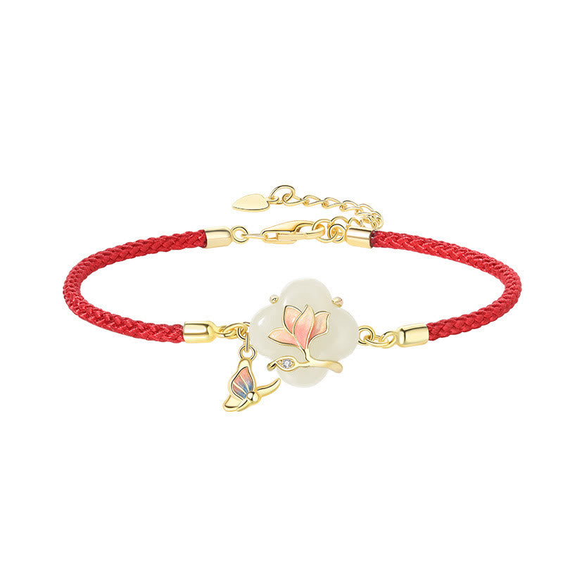 Nimara Ritual 925 Sterling Silver Hetian Jade Magnolia Flower Butterfly Luck Chain Bracelet
