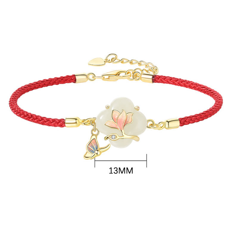 Nimara Ritual 925 Sterling Silver Hetian Jade Magnolia Flower Butterfly Luck Chain Bracelet