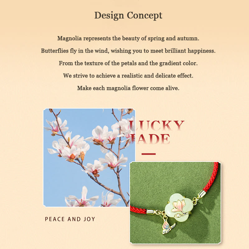 Nimara Ritual 925 Sterling Silver Hetian Jade Magnolia Flower Butterfly Luck Chain Bracelet
