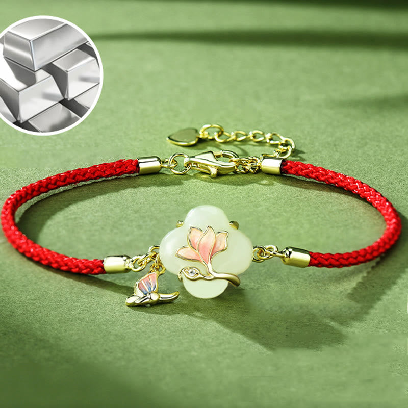 Nimara Ritual 925 Sterling Silver Hetian Jade Magnolia Flower Butterfly Luck Chain Bracelet