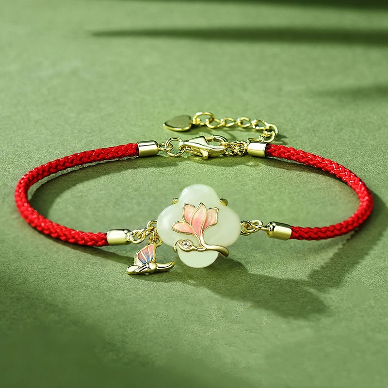 Nimara Ritual 925 Sterling Silver Hetian Jade Magnolia Flower Butterfly Luck Chain Bracelet
