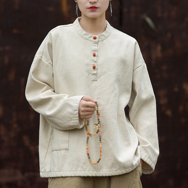 Nimara Ritual Retro Solid Color Thermal Long Sleeve Ramie Linen Women's Shirt