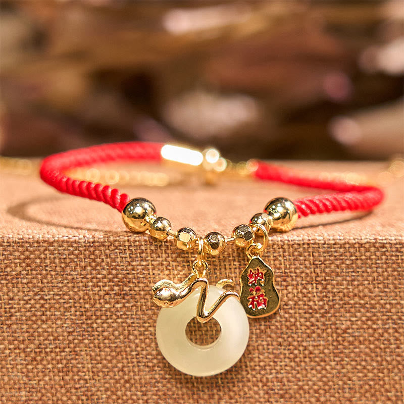 Nimara Ritual Copper Plated Gold Jade Peace Buckle Fu Character Year Of The Snake Red String Luck Bracelet