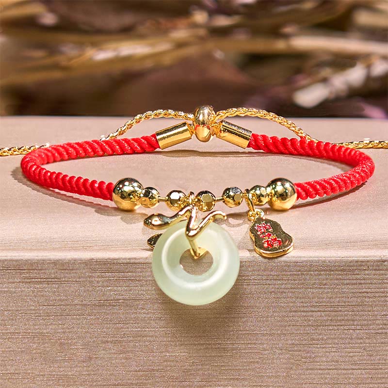 Nimara Ritual Copper Plated Gold Jade Peace Buckle Fu Character Year Of The Snake Red String Luck Bracelet