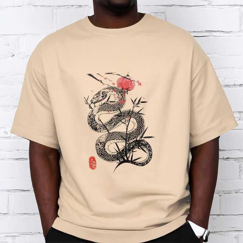 Nimara Ritual Lantern Bamboo Leaves Snake Design Cotton Tee T-shirt