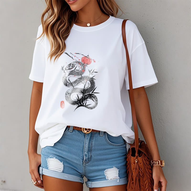 Nimara Ritual Lantern Bamboo Leaves Snake Design Cotton Tee T-shirt