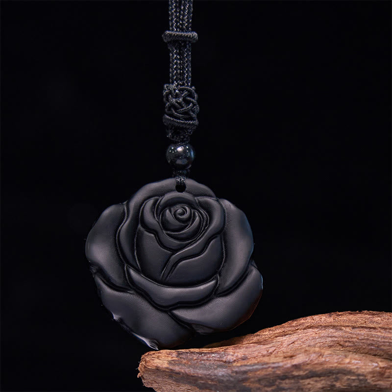 Nimara Ritual Black Obsidian String Black Rose Purification Necklace Pendant