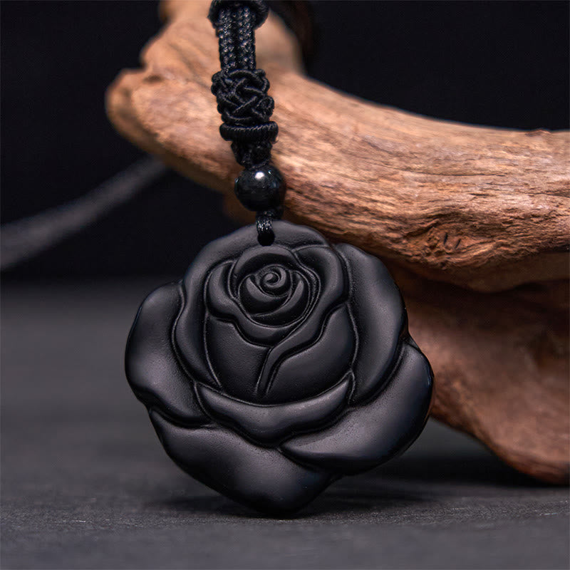 Nimara Ritual Black Obsidian String Black Rose Purification Necklace Pendant