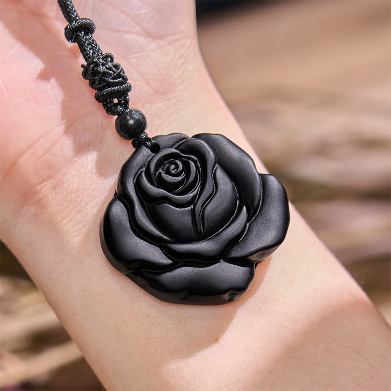Nimara Ritual Black Obsidian String Black Rose Purification Necklace Pendant