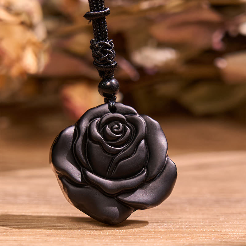 Nimara Ritual Black Obsidian String Black Rose Purification Necklace Pendant