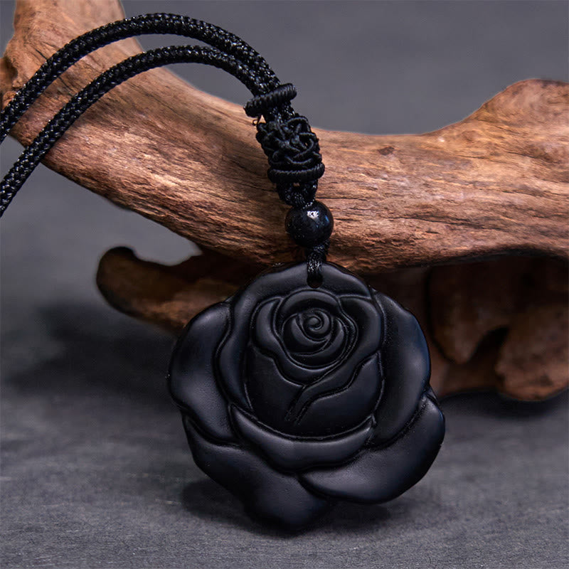 Nimara Ritual Black Obsidian String Black Rose Purification Necklace Pendant