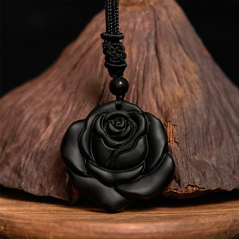 Nimara Ritual Black Obsidian String Black Rose Purification Necklace Pendant