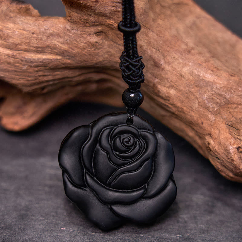 Nimara Ritual Black Obsidian String Black Rose Purification Necklace Pendant