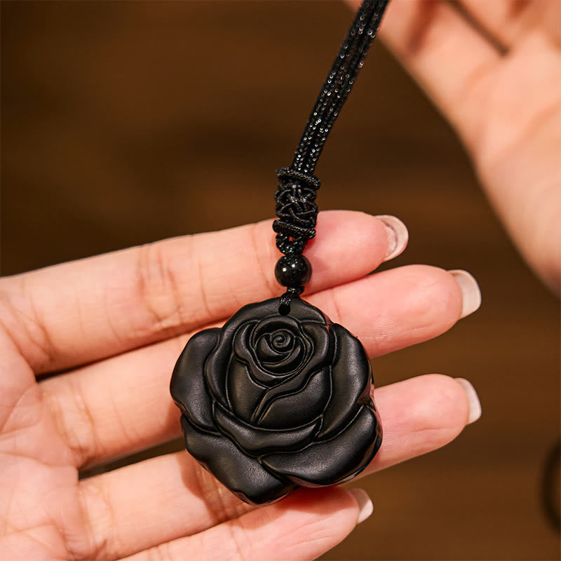 Nimara Ritual Black Obsidian String Black Rose Purification Necklace Pendant