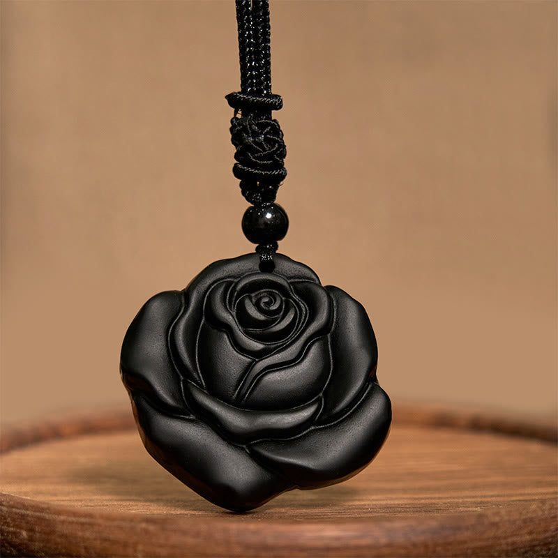 Nimara Ritual Black Obsidian String Black Rose Purification Necklace Pendant