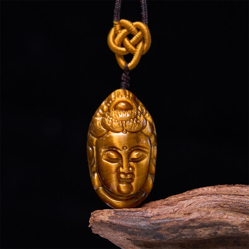 Nimara Ritual Tiger Eye Kwan Yin Avalokitesvara Head String Strength Necklace Pendant
