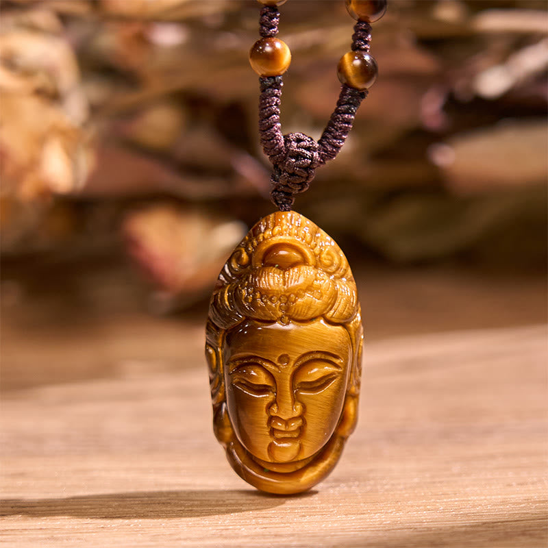 Nimara Ritual Tiger Eye Kwan Yin Avalokitesvara Head String Strength Necklace Pendant
