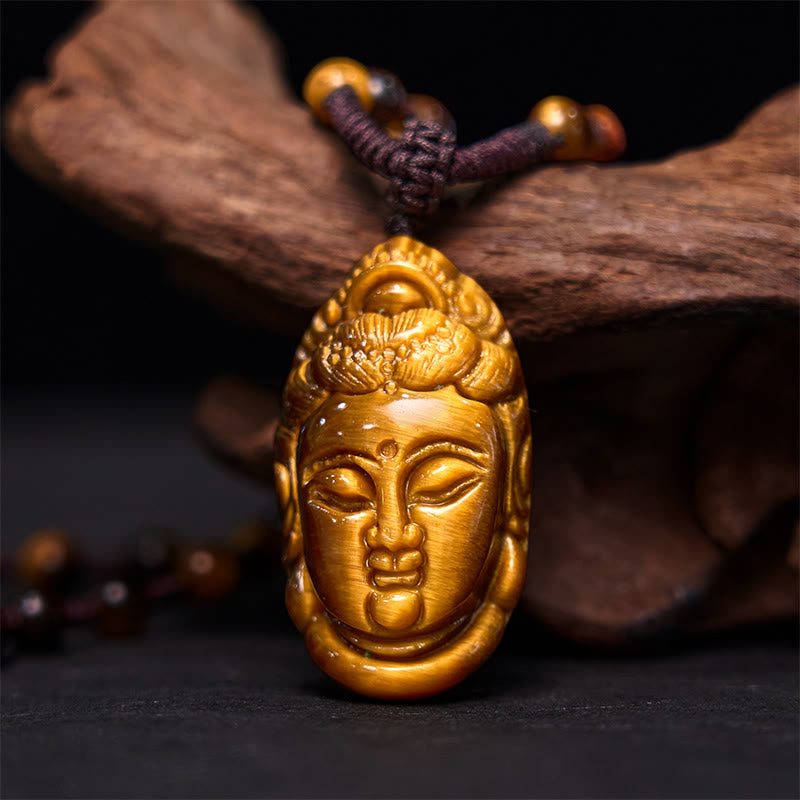 Nimara Ritual Tiger Eye Kwan Yin Avalokitesvara Head String Strength Necklace Pendant