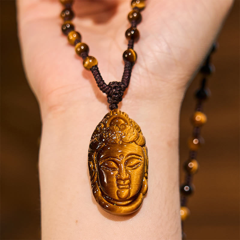 Nimara Ritual Tiger Eye Kwan Yin Avalokitesvara Head String Strength Necklace Pendant