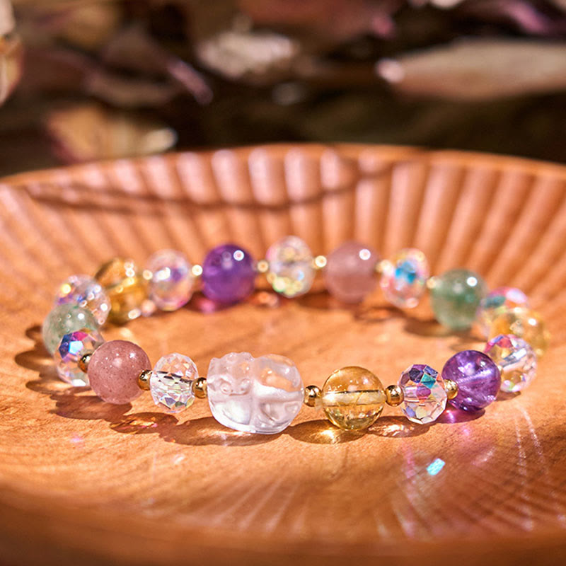 Nimara Ritual PiXiu White Crystal Citrine Green Strawberry Quartz Amethyst Luck Bracelet