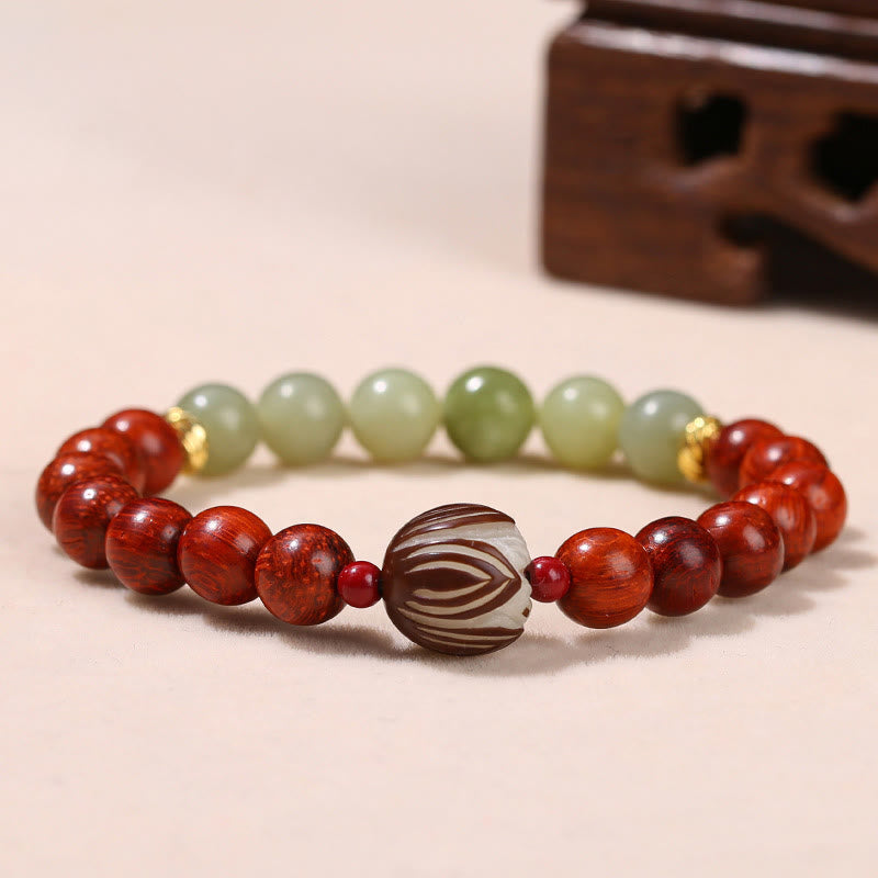 Nimara Ritual Natural Rosewood Cyan Jade Bodhi Seed Lotus Warmth Calm Bracelet