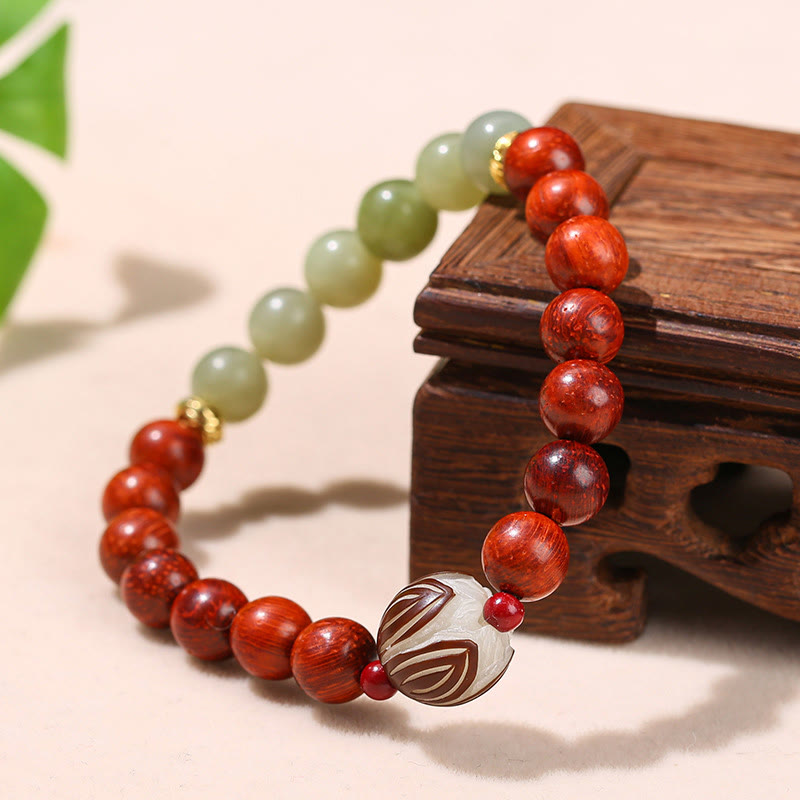 Nimara Ritual Natural Rosewood Cyan Jade Bodhi Seed Lotus Warmth Calm Bracelet