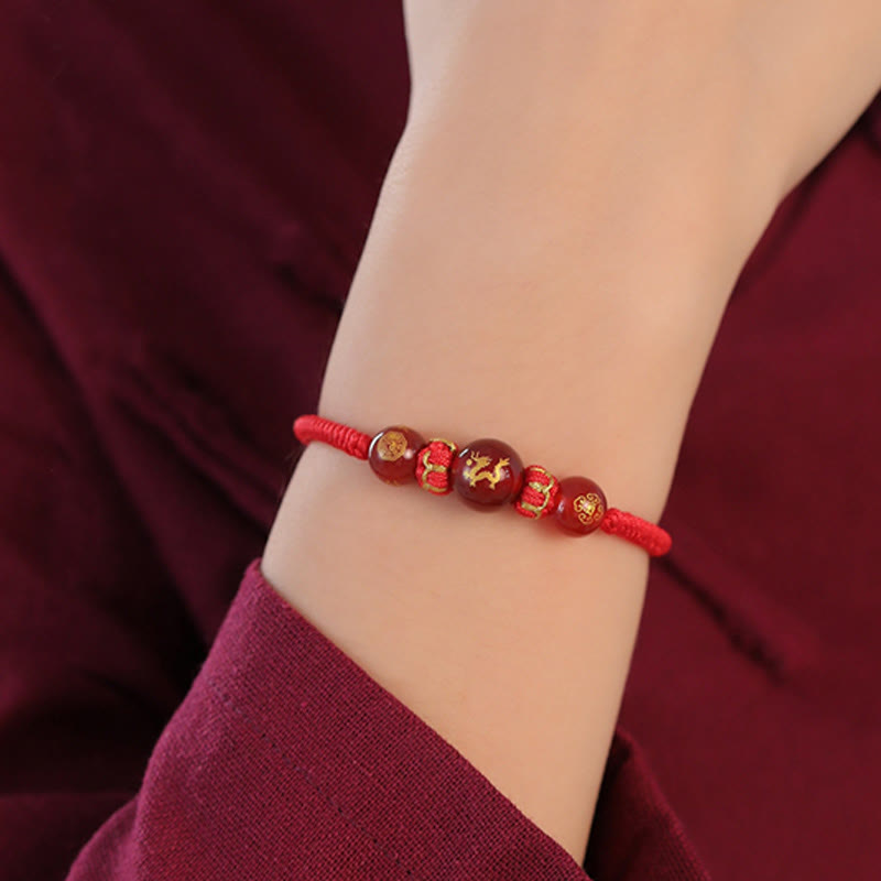 Nimara Ritual Handmade Red Agate Chinese Zodiac Red String Braided Protection Bracelet
