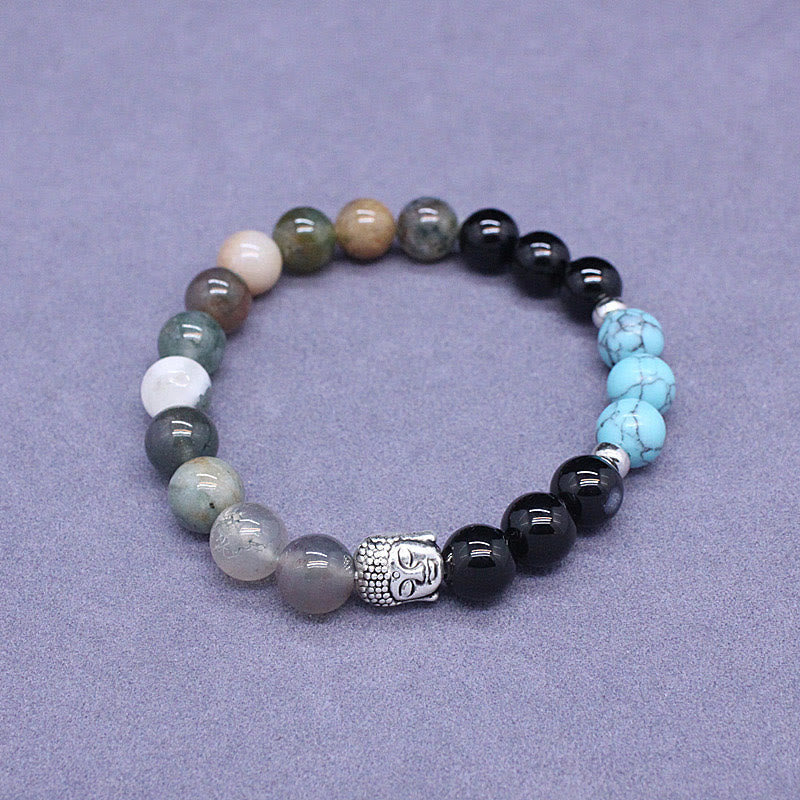 Nimara Ritual Natural Black Onyx White Stone Green Aventurine Tiger Eye Agate Mixed Color Buddha Head Protection Bracelet