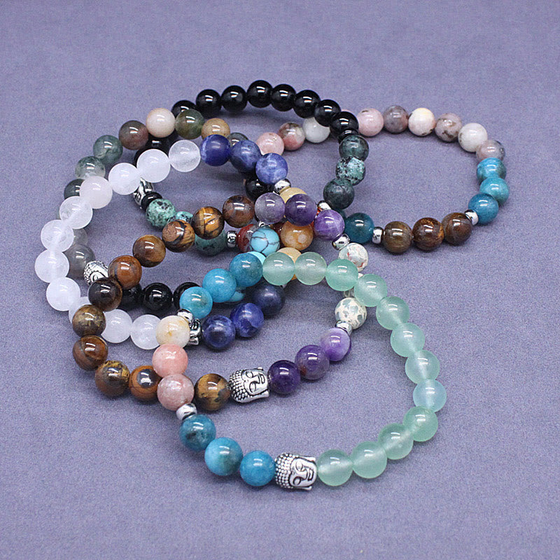 Nimara Ritual Natural Black Onyx White Stone Green Aventurine Tiger Eye Agate Mixed Color Buddha Head Protection Bracelet