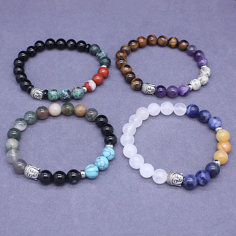 Nimara Ritual Natural Black Onyx White Stone Green Aventurine Tiger Eye Agate Mixed Color Buddha Head Protection Bracelet