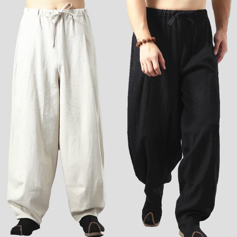 Nimara Ritual Casual Solid Color Drawstring Cotton Linen Men's Pants With Pockets