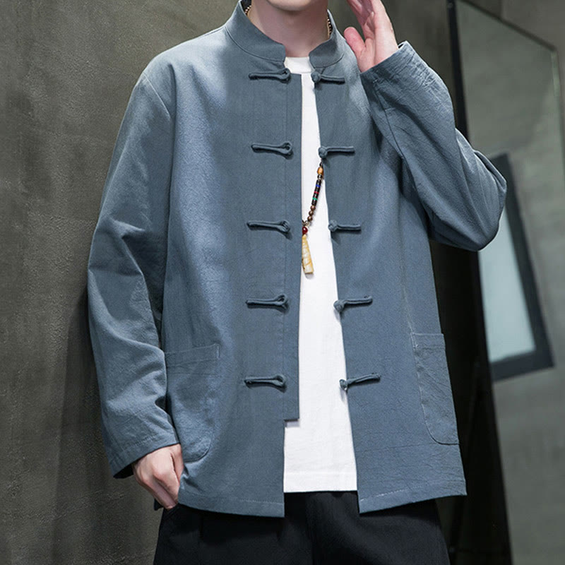Nimara Ritual Solid Color Frog-button Tang Suit Cotton Linen Men's Jacket Shirt With Pockets