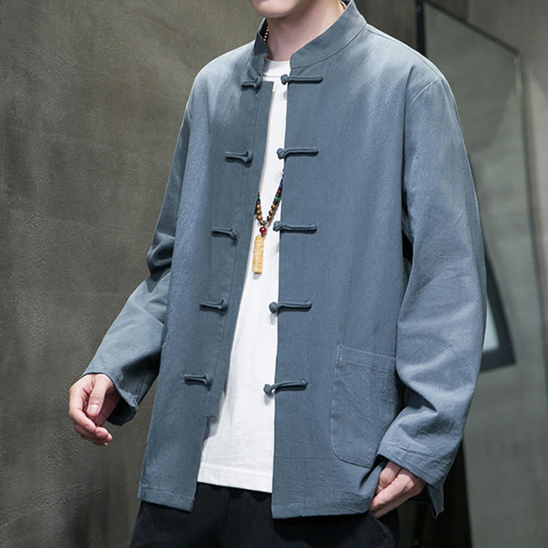 Nimara Ritual Solid Color Frog-button Tang Suit Cotton Linen Men's Jacket Shirt With Pockets