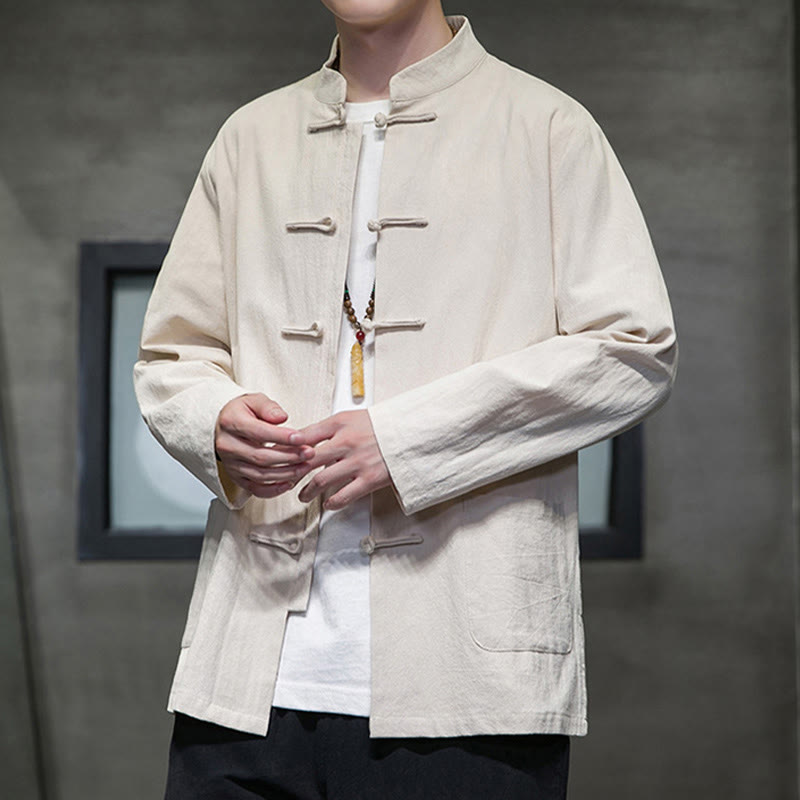 Nimara Ritual Solid Color Frog-button Tang Suit Cotton Linen Men's Jacket Shirt With Pockets