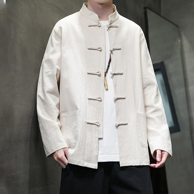 Nimara Ritual Solid Color Frog-button Tang Suit Cotton Linen Men's Jacket Shirt With Pockets