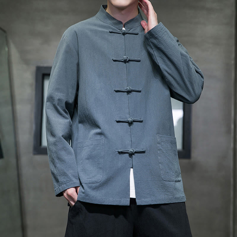 Nimara Ritual Solid Color Frog-button Tang Suit Cotton Linen Men's Jacket Shirt With Pockets