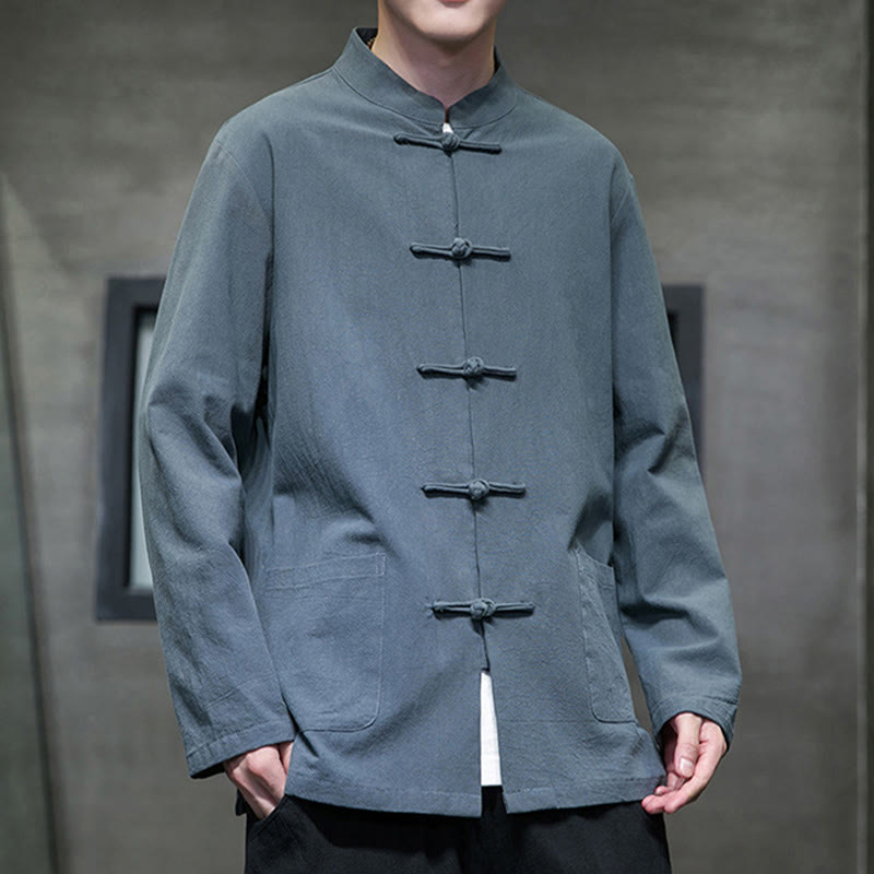 Nimara Ritual Solid Color Frog-button Tang Suit Cotton Linen Men's Jacket Shirt With Pockets