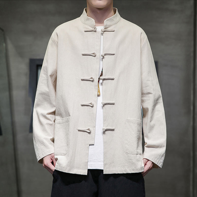 Nimara Ritual Solid Color Frog-button Tang Suit Cotton Linen Men's Jacket Shirt With Pockets