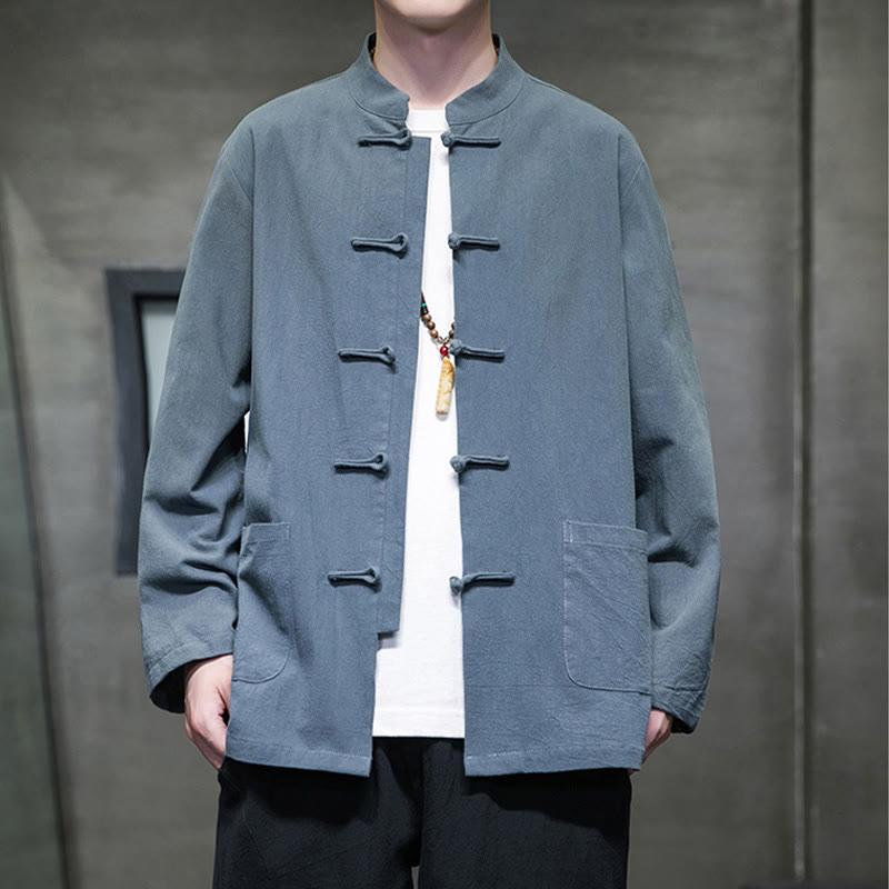 Nimara Ritual Solid Color Frog-button Tang Suit Cotton Linen Men's Jacket Shirt With Pockets